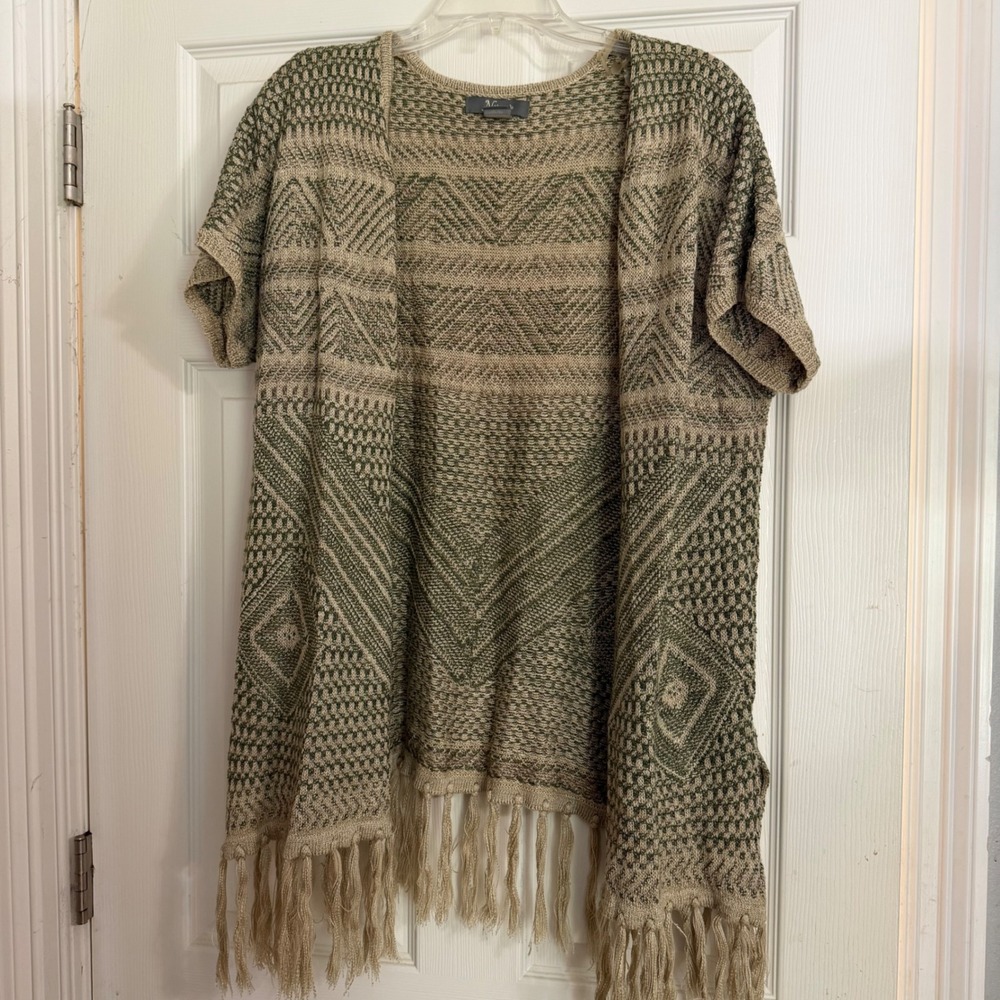 Open Front Cardigan XL Olive Tan Geometric Fringe Boho Festival Country‎